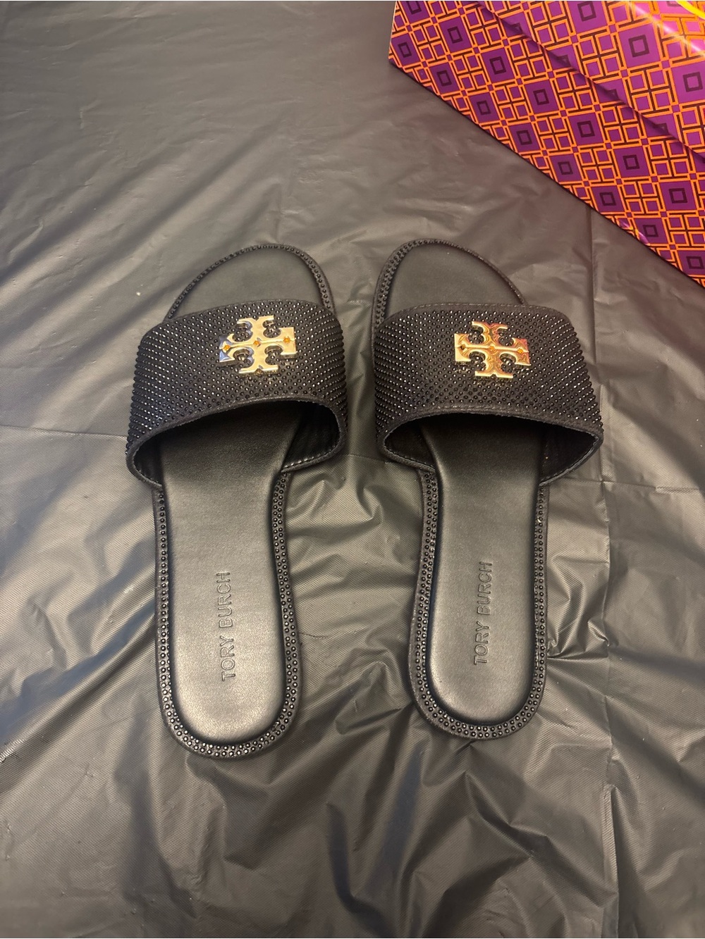Tory Burch Black Slide Sandals with Gold Logo Emblem
